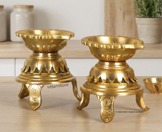 Unique Lotus Petal Base Pure Fine Brass Diya with Stand