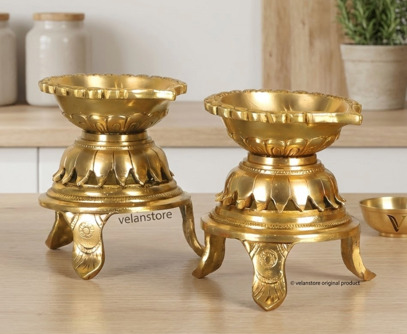 Unique Lotus Petal Base Pure Fine Brass Diya with Stand-1