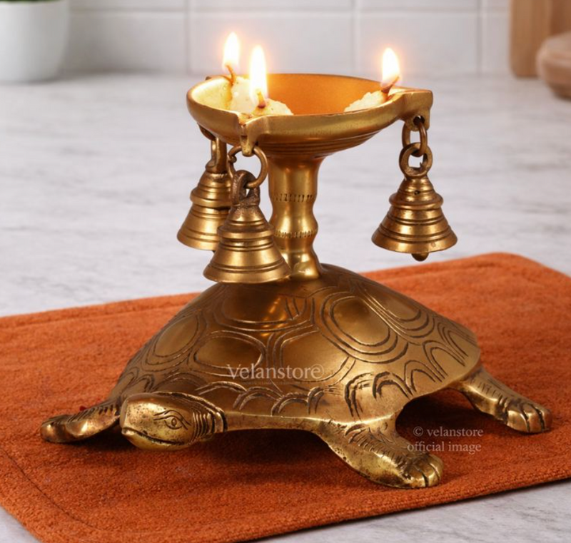 Unique Pure Fine Brass Tortoise Diya with Bells-1