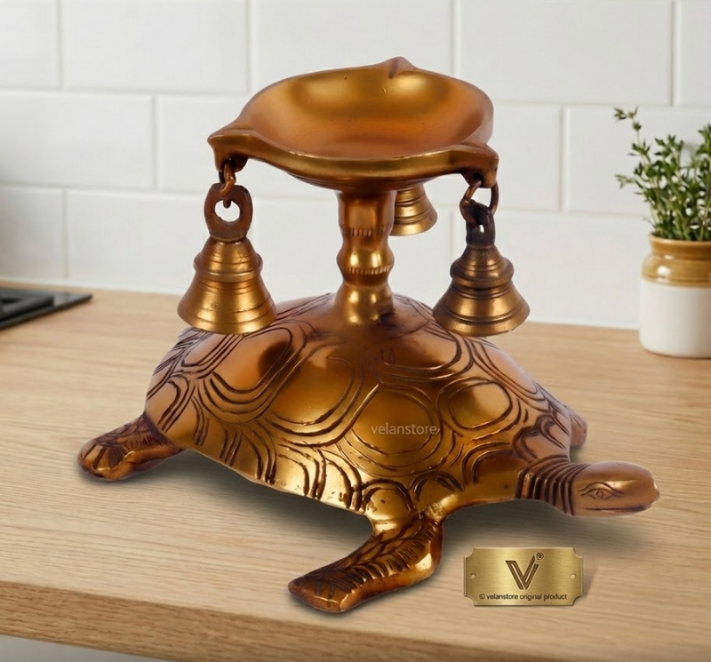 Unique Pure Fine Brass Tortoise Diya with Bells-2