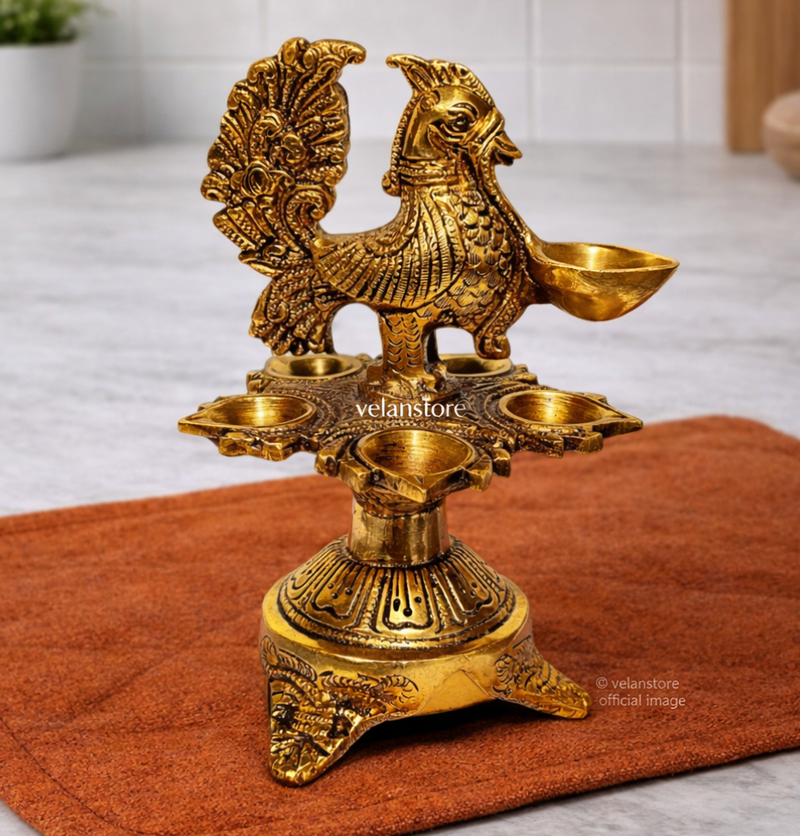 Unique Pure Fine Brass Annam Oil Deepam Lamp with 6 Diyas | Exquisite Home Temple Decor |-1