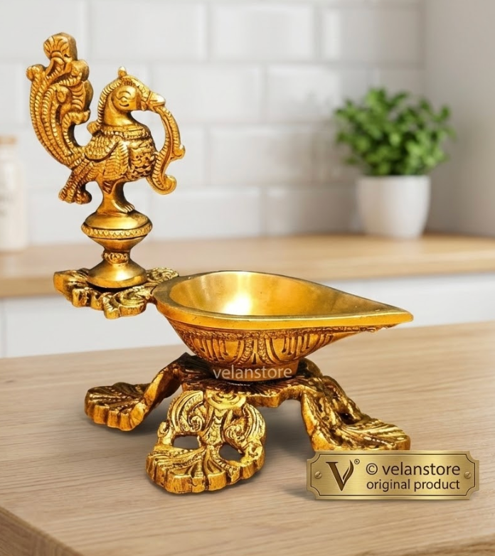 Peacock / annam design brass diya with 4 legged stand-1
