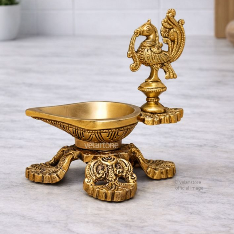 Peacock / annam design brass diya with 4 legged stand-2