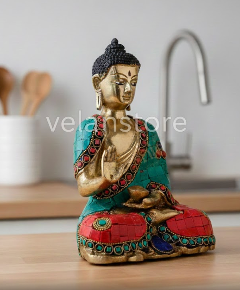 Buddha Idol in Brass Covered in Stones for Home Decor Meditation Office