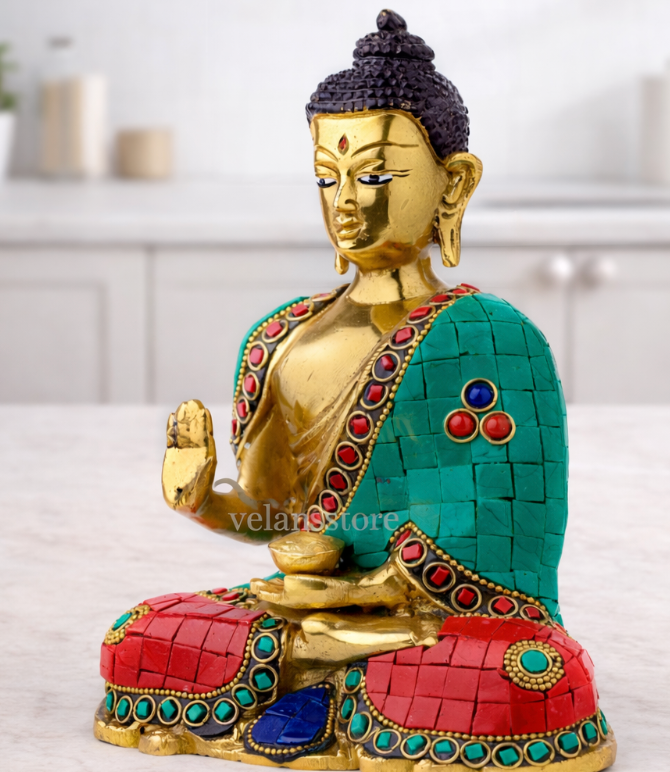 Buddha Idol in Brass Covered in Stones for Home Decor Meditation Office