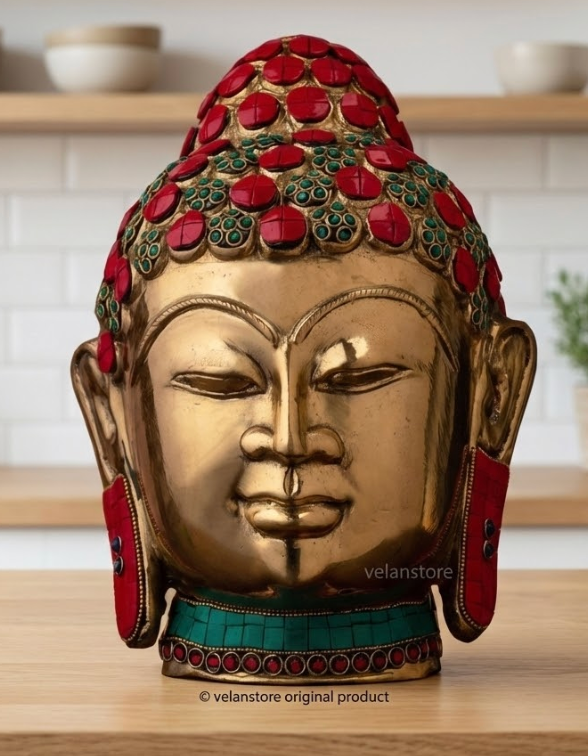 Brass Buddha head statue  - 11.5 Inches