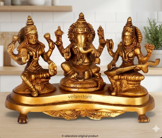 Ganesha Lakshmi Saraswati Brass Idol -6.5" golden
