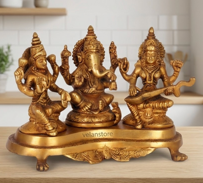 Ganesha Lakshmi Saraswati Brass Idol -6.5" golden