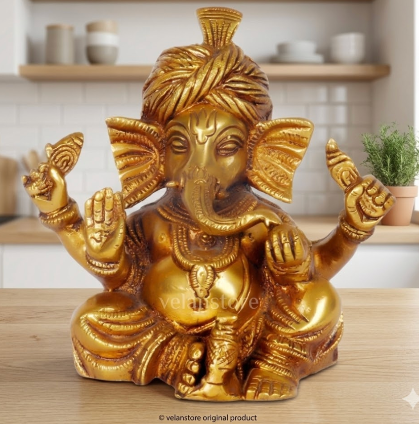 BudhShiv Ganesha Brass Idol Wearing pagdi/ Turban Unique Idol for Home Temple/Study Table/ Living Room / Gifting ( Golden)