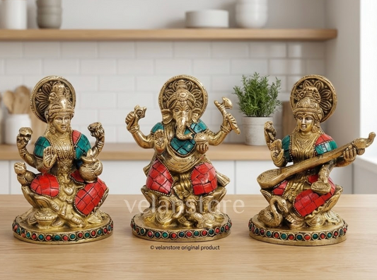 Auspicious Ganesha Lakshmi Saraswati Brass Idol with Stonework 5 inch