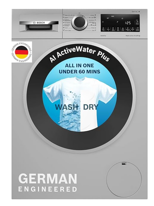 Bosch 10.5/6 KG Inverter Fully Automatic Front Load Washer Dryer with LED TOUCH DISPLAY (WNA264U9IN,Silver)