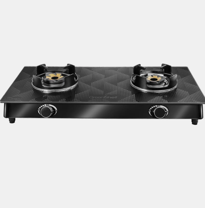 Greenchef Glasstop Double Burner Gas stove - Magnum Black, typhoon Burners, toughened glass top, Spill free pan support with aluminium knobs, Sleek design