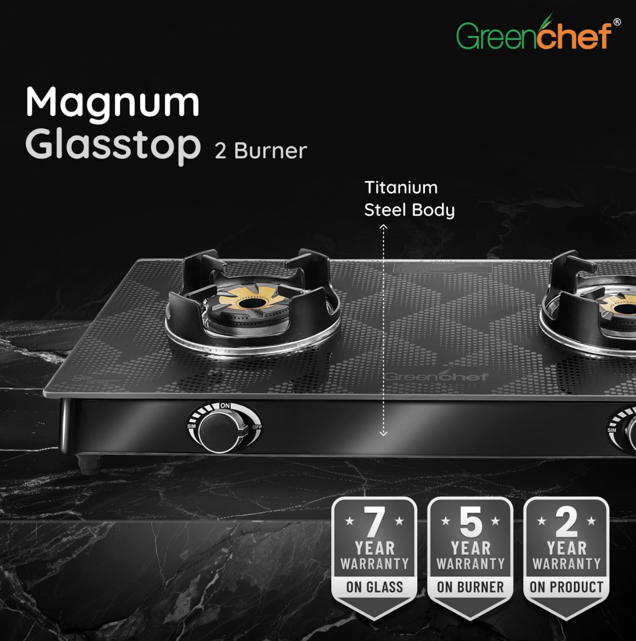 Greenchef Glasstop Double Burner Gas stove - Magnum Black, typhoon Burners, toughened glass top, Spill free pan support with aluminium knobs, Sleek design-2