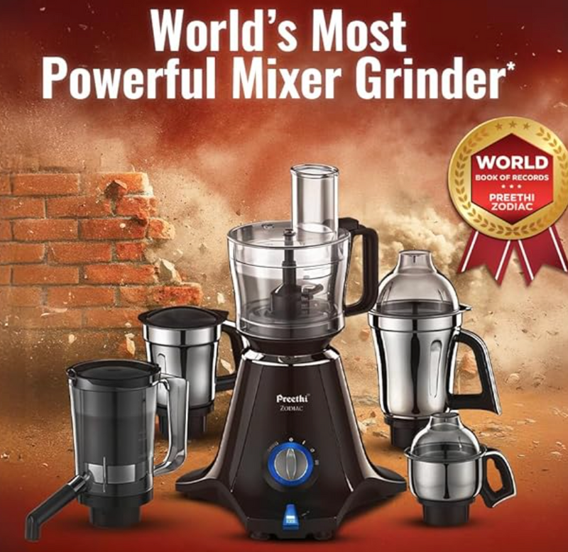 Preethi Zodiac MG-218 mixer grinder, 750 watt, Black/Light Grey, 5 jars - 3 In 1 insta fresh juicer Jar & Master chef food processor Jar, Vega W5 motor with 5yr Warranty & Lifelong Free Service-5