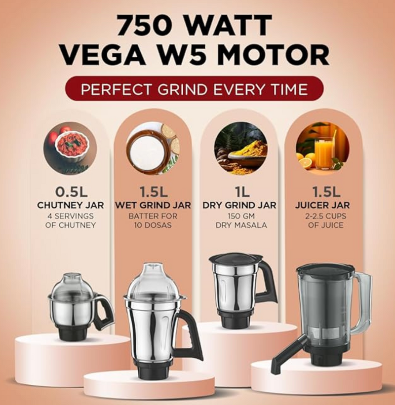 Preethi Zodiac MG-218 mixer grinder, 750 watt, Black/Light Grey, 5 jars - 3 In 1 insta fresh juicer Jar & Master chef food processor Jar, Vega W5 motor with 5yr Warranty & Lifelong Free Service-2