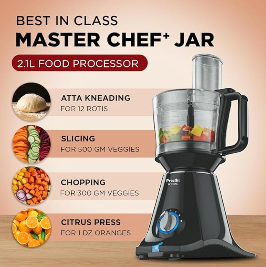 Preethi Zodiac MG-218 mixer grinder, 750 watt, Black/Light Grey, 5 jars - 3 In 1 insta fresh juicer Jar & Master chef food processor Jar, Vega W5 motor with 5yr Warranty & Lifelong Free Service-3