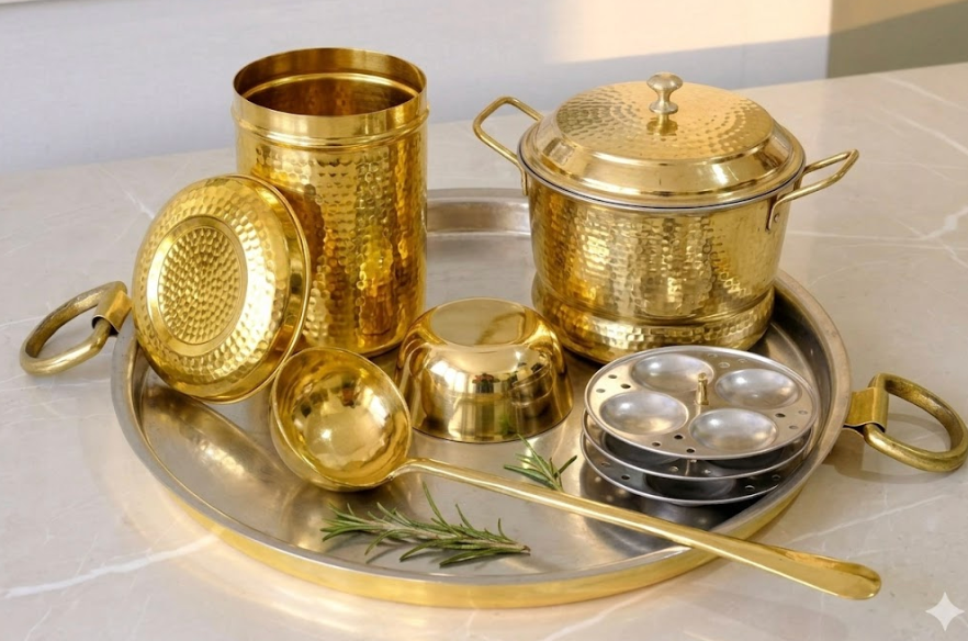Complete Idli-Dosa Breakfast Combo Brass Set - Traditional South Indian Breakfast Essentials
