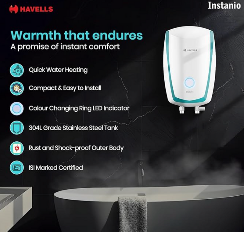 Havells Instanio 3L Instant Water Heater(Geyser)| Temp. Sensing LED Indicator| Rust & Shock Proof Body| ISI Marked|Warranty: 5 year on Inner Tank| High Rise Compatible (White Blue)-2