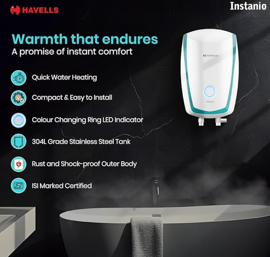 Havells Instanio 3L Instant Water Heater(Geyser)| Temp. Sensing LED Indicator| Rust & Shock Proof Body| ISI Marked|Warranty: 5 year on Inner Tank| High Rise Compatible (White Blue)