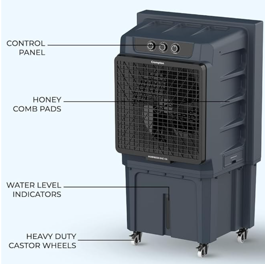 Crompton Indibreeze 135 L Industrial Desert Cooler| Honeycomb pad| Auto fill| Water level indicator| 4 way Air deflection| Cooling mode & Auto Swing |Everlast Pump