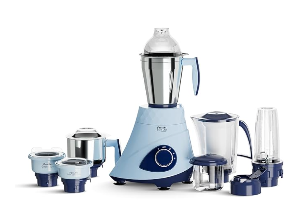 Preethi Blue Leaf Titanium 1000 Watts Mixer Grinder, 7 Jars (4 Stainless Steel Jars, Juicer, Blender), Superfine Grinding for Masalas, Chutneys and Batters, 2 Year Warranty, Lifelong Free Service,Blue-1