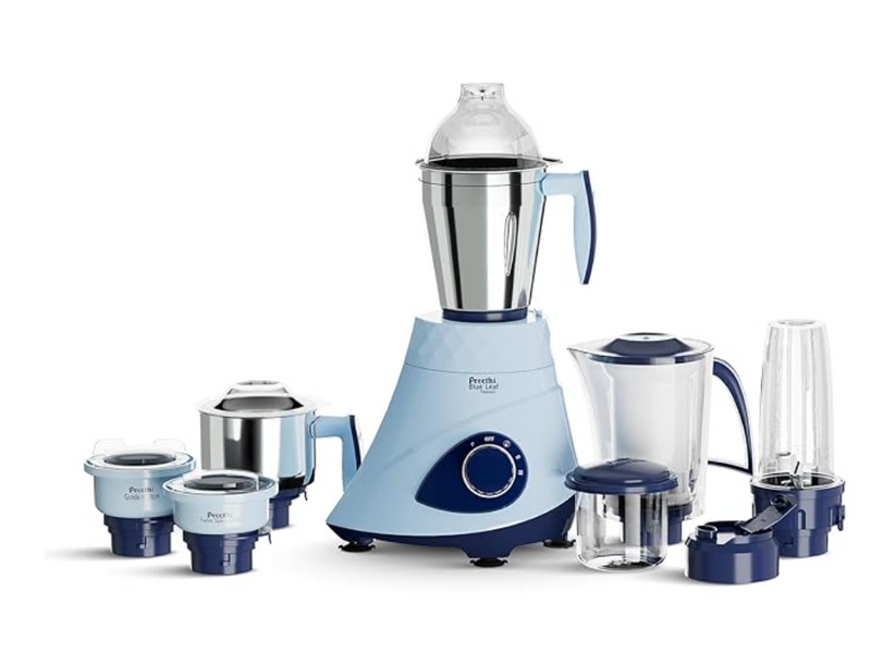 Preethi Blue Leaf Titanium 1000 Watts Mixer Grinder, 7 Jars (4 Stainless Steel Jars, Juicer, Blender), Superfine Grinding for Masalas, Chutneys and Batters, 2 Year Warranty, Lifelong Free Service,Blue-1