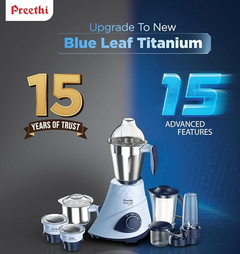 Preethi Blue Leaf Titanium 1000 Watts Mixer Grinder, 7 Jars (4 Stainless Steel Jars, Juicer, Blender), Superfine Grinding for Masalas, Chutneys and Batters, 2 Year Warranty, Lifelong Free Service,Blue-4