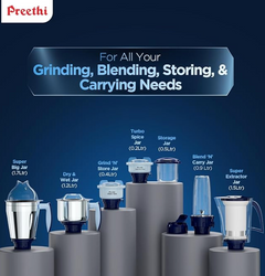 Preethi Blue Leaf Titanium 1000 Watts Mixer Grinder, 7 Jars (4 Stainless Steel Jars, Juicer, Blender), Superfine Grinding for Masalas, Chutneys and Batters, 2 Year Warranty, Lifelong Free Service,Blue-3