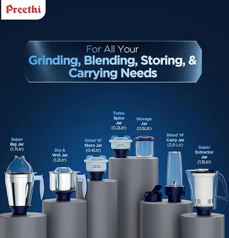 Preethi Blue Leaf Titanium 1000 Watts Mixer Grinder, 7 Jars (4 Stainless Steel Jars, Juicer, Blender), Superfine Grinding for Masalas, Chutneys and Batters, 2 Year Warranty, Lifelong Free Service,Blue-3