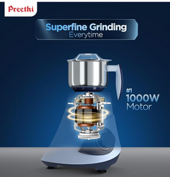 Preethi Blue Leaf Titanium 1000 Watts Mixer Grinder, 7 Jars (4 Stainless Steel Jars, Juicer, Blender), Superfine Grinding for Masalas, Chutneys and Batters, 2 Year Warranty, Lifelong Free Service,Blue-2