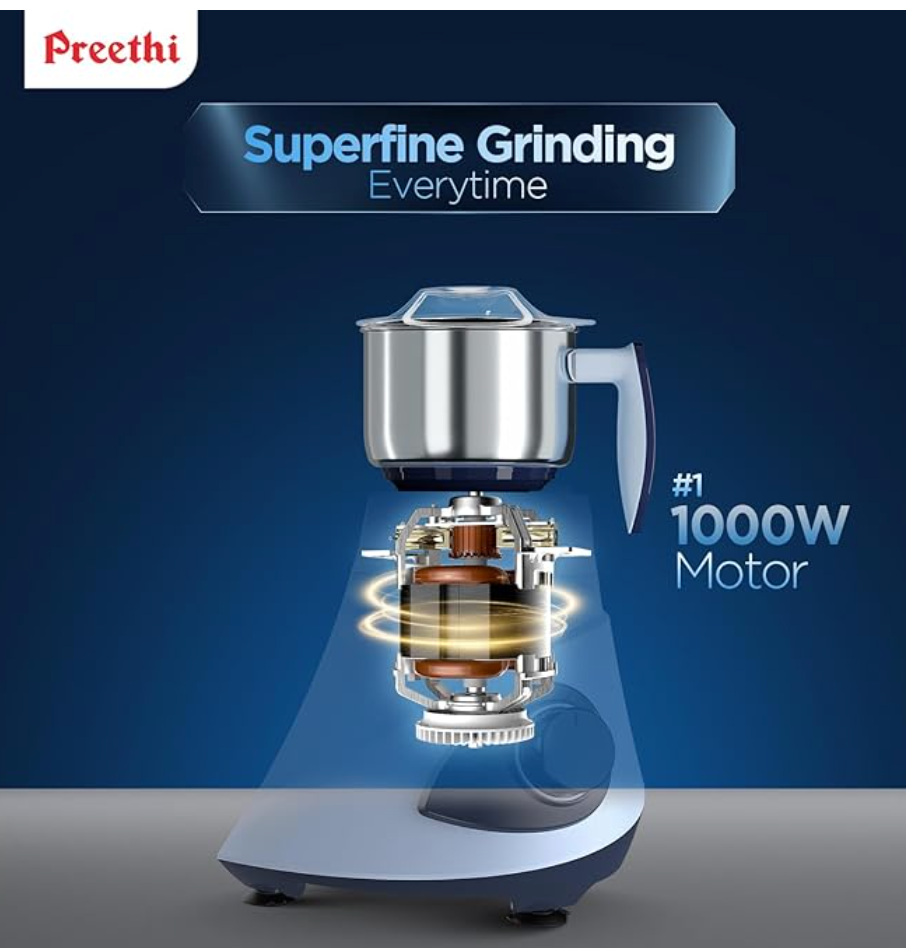 Preethi Blue Leaf Titanium 1000 Watts Mixer Grinder, 7 Jars (4 Stainless Steel Jars, Juicer, Blender), Superfine Grinding for Masalas, Chutneys and Batters, 2 Year Warranty, Lifelong Free Service,Blue-2