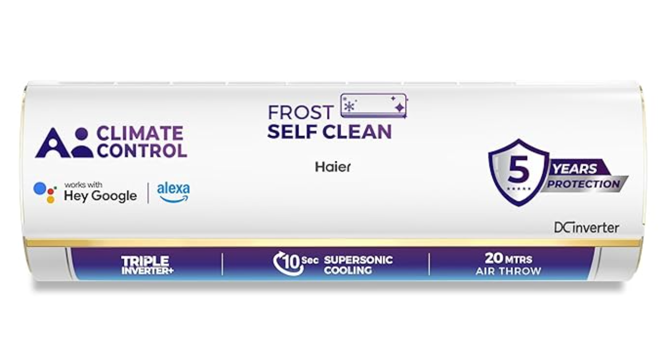 Haier 1.5 Ton 4 Star AI Climate Control Smart Split AC (5250 Watts, Copper, Wi-Fi, 4-Way Swing, Triple Inverter, 7 in 1, Frost Self Clean, HD Filter, Cools at 60°C - HSU18K-PYAIR4BN-INV, White)