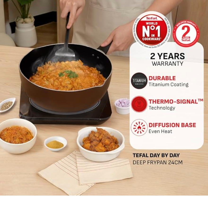 Tefal Day by Day Non-Stick Deep Frypan/Thermo-Spot Technology/PFOA Free, Titanium Non-Stick Coating / 24 cm/Superior Induction Base/Suitable for All Hob Type/Brown / 2 Years of Warranty-2