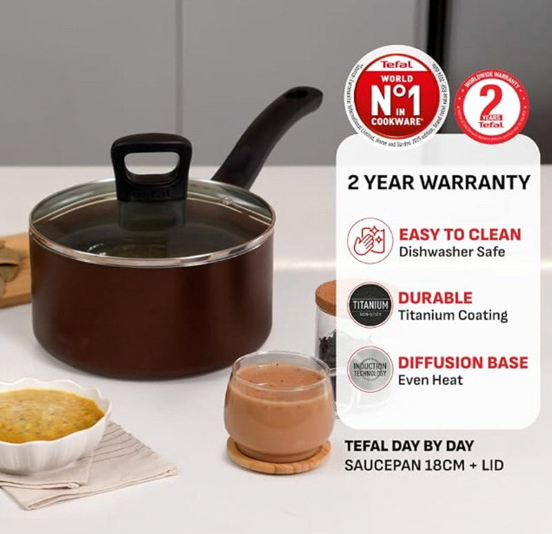 Tefal Day by Day 18cm Sauce Pan with Glass Lid| Titanium Non-Stick Coating | Thermo Signal Technology | All Hob Compatible | 100% PFOA Safe | Metal Spatula | Induction Compatible |Premium Brand-2