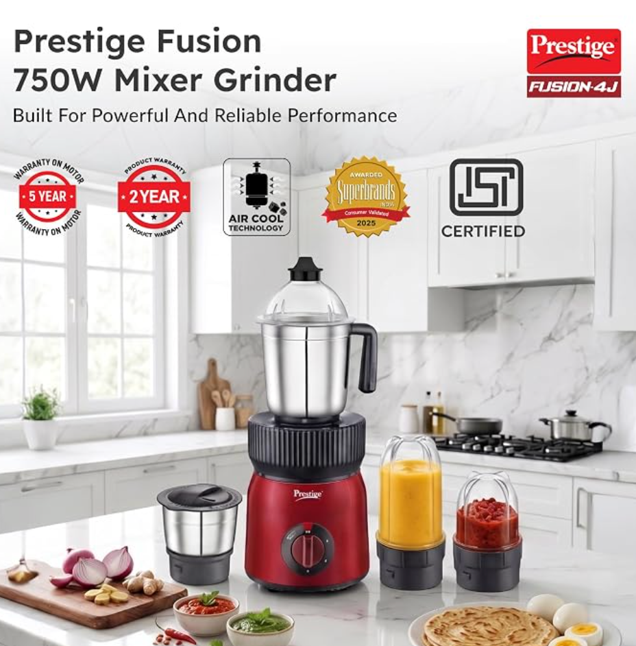 Prestige Fusion 4J 750 Watt Mixer Grinder with with 4 Jars (2 Stainless Steel + 2 Transparent) | Space-Saving Design | Extra Sipper & Storage Lid | Stainless Steel Blades | 2Y Warranty | ISI Certified-2