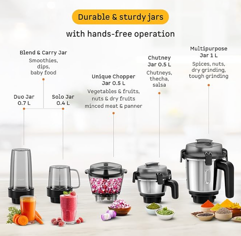 Atomberg Zenova Flex Blender Mixer Grinder For Kitchen | Intelligent BLDC Motor | Grinds Like 1000W | Coarse Mode Silbatta Texture | 5 Jars With Chopper, Blend & Carry Jars | Hands-Free (Misty Teal)-4