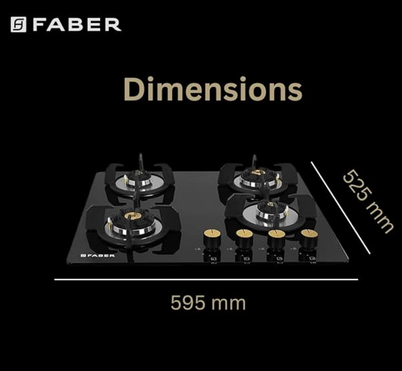 Faber Hob/Hobtop 4 Brass Burner Auto Electric Ignition Glass and Mild Steel Top (Maxus HT604 CRS BR CI AI) Black-5
