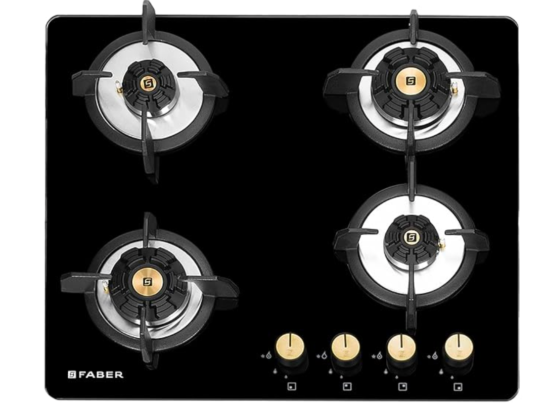 Faber Hob/Hobtop 4 Brass Burner Auto Electric Ignition Glass and Mild Steel Top (Maxus HT604 CRS BR CI AI) Black-3