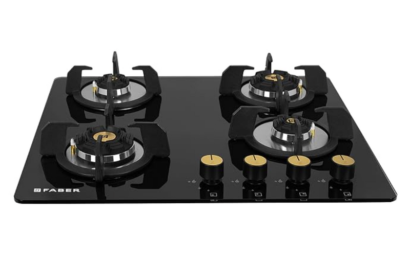 Faber Hob/Hobtop 4 Brass Burner Auto Electric Ignition Glass and Mild Steel Top (Maxus HT604 CRS BR CI AI) Black-1