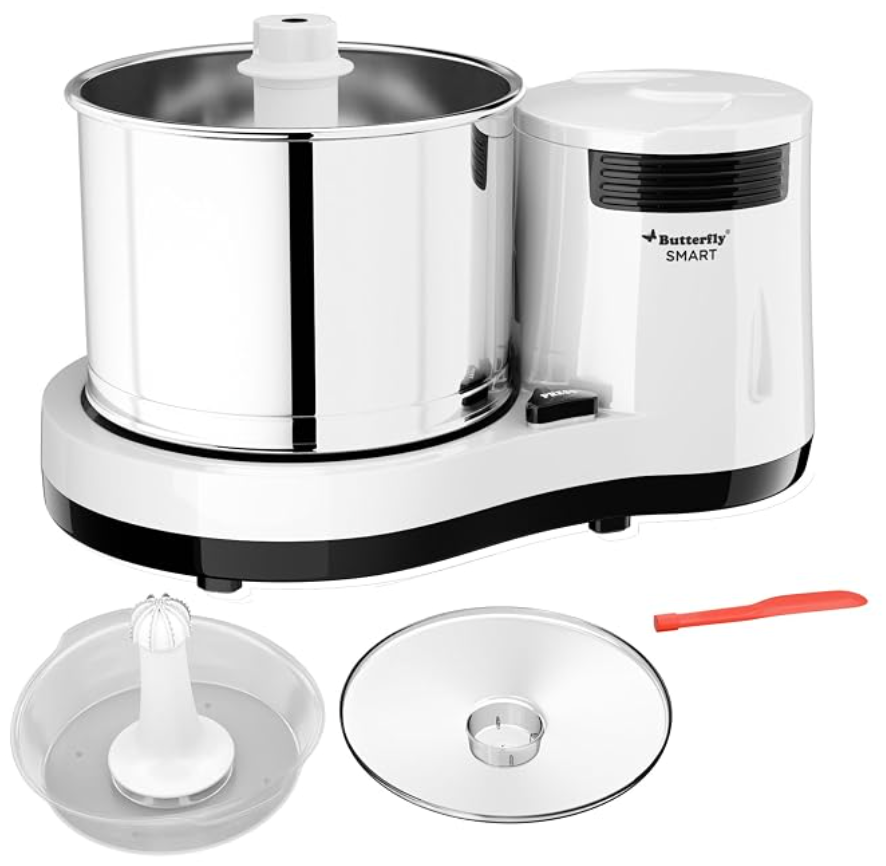 Butterfly Smart 2 Litres Table-Top Wet Grinder|150 Watts|Shockproof ABS Body| Coconut Scrapper Attachment|2 stones with 4-Way Grinding| Stainless Steel Drum | 2 Years Manufacturer's Warranty | White-1