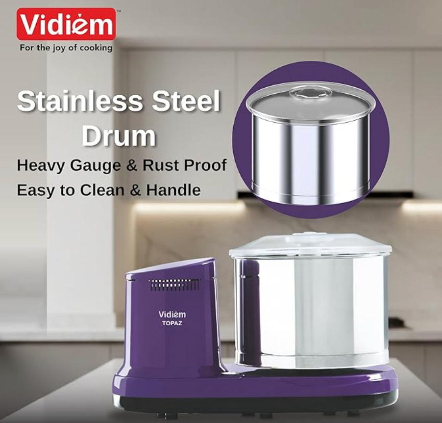 Vidiem Topaz 150W Wet Grinder for Idli Dosa Batter | 2L Stainless Steel Drum, Extra Wide Stone Rollers, High Torque Motor | ISI Certified | ABS Body | 5-Yr Motor Warranty | Lavender-2