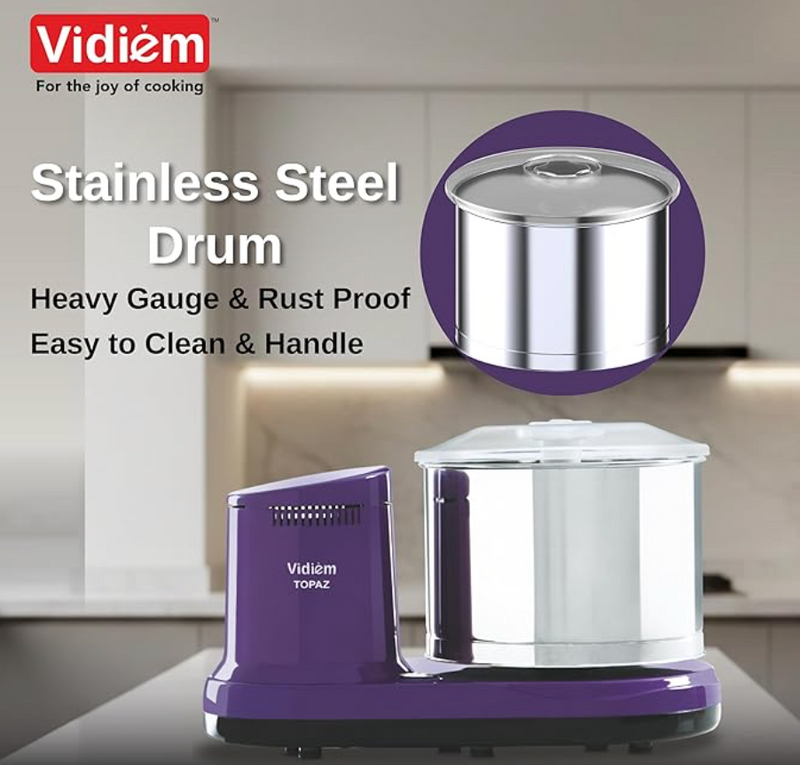 Vidiem Topaz 150W Wet Grinder for Idli Dosa Batter | 2L Stainless Steel Drum, Extra Wide Stone Rollers, High Torque Motor | ISI Certified | ABS Body | 5-Yr Motor Warranty | Lavender-2