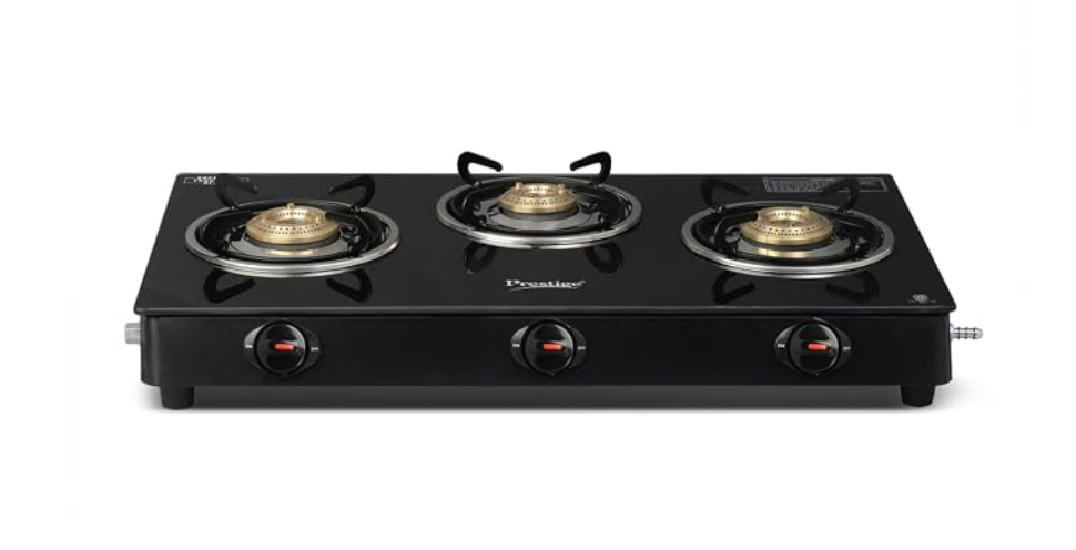 Prestige Iris 3 Burner Gas Stove | Toughened Glass Top | Tri-Pin Brass Burners | Ergonomic Knob | Black | 2Y Warranty | ISI Certified-1