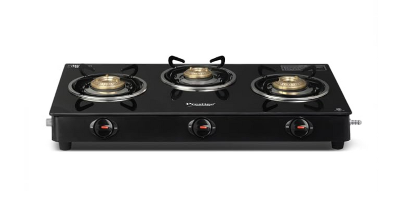 Prestige Iris 3 Burner Gas Stove | Toughened Glass Top | Tri-Pin Brass Burners | Ergonomic Knob | Black | 2Y Warranty | ISI Certified-1