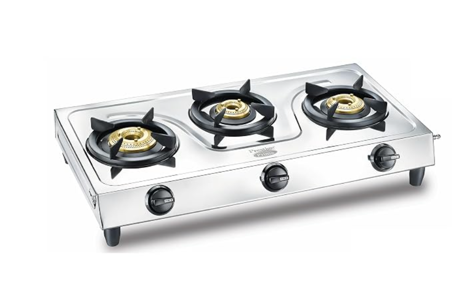 Prestige Prime Jumbo 3 Burner LP Gas Stove | Stainless Steel Body | 3 Brass Burners | Tri-Pin Burners | Ergonomic Knob | 2 Years Warranty