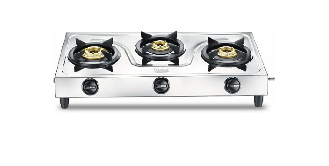Prestige Prime Jumbo 3 Burner LP Gas Stove | Stainless Steel Body | 3 Brass Burners | Tri-Pin Burners | Ergonomic Knob | 2 Years Warranty