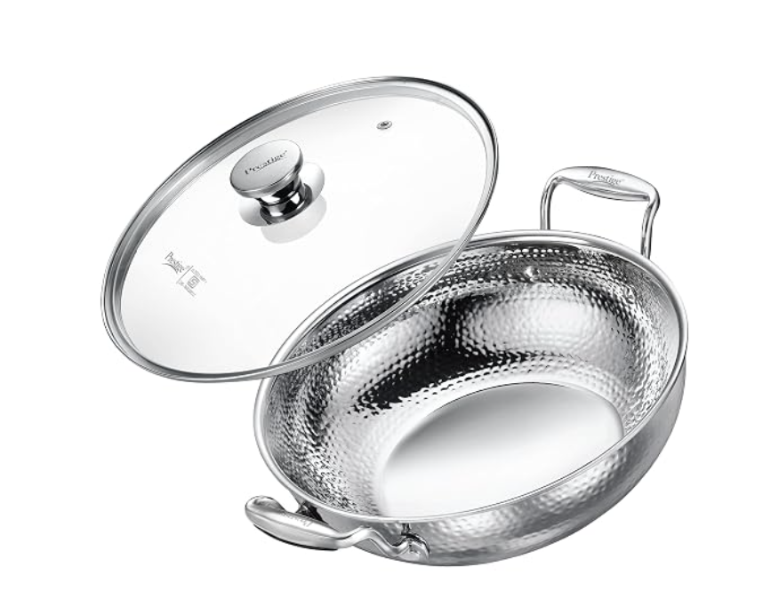 Prestige Tri-Ply Hammered Stainless Steel Kadai with Glass Lid | Gas & Induction Compatible | 10 Year Warranty-1