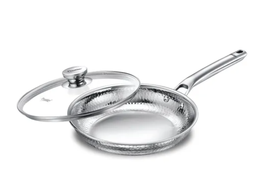 Prestige Tri-Ply Hammered Stainless Steel Fry Pan with Glass Lid | Gas & Induction Compatible | 10 Year Warranty