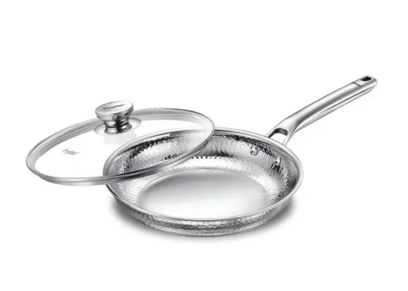 Prestige Tri-Ply Hammered Stainless Steel Fry Pan with Glass Lid | Gas & Induction Compatible | 10 Year Warranty-1