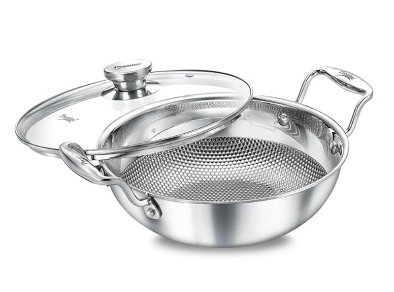 Prestige Tri-Ply Designer Stainless Steel Kadai with Glass Lid | Durable & Even Heat Distribution | Silver-1